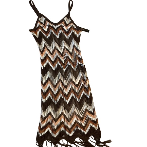 NWT Almost Famous Brown Crochet Chevron Pattern Fringe Hem Boho Cover Dress 1X - Picture 1 of 9